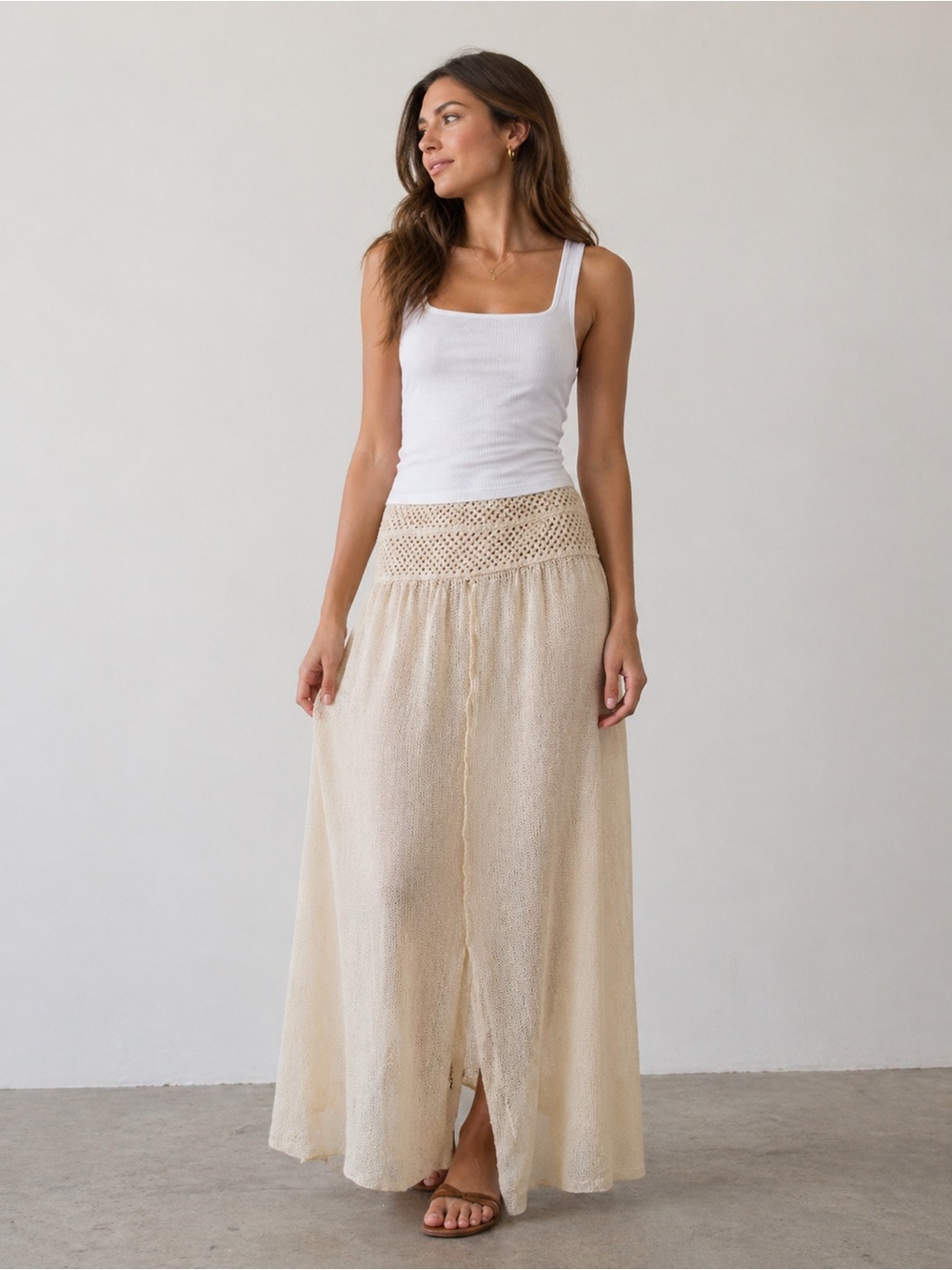 Bohemian Cream Knit Maxi Skirt Coachella festival